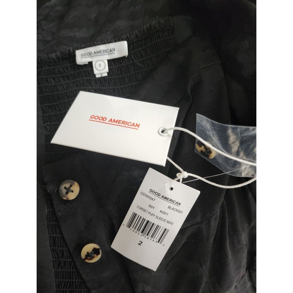 Good American NWT Black Maxi Dress Slit Corset Puff Sleeve Ruched 2 - Picture 8 of 8